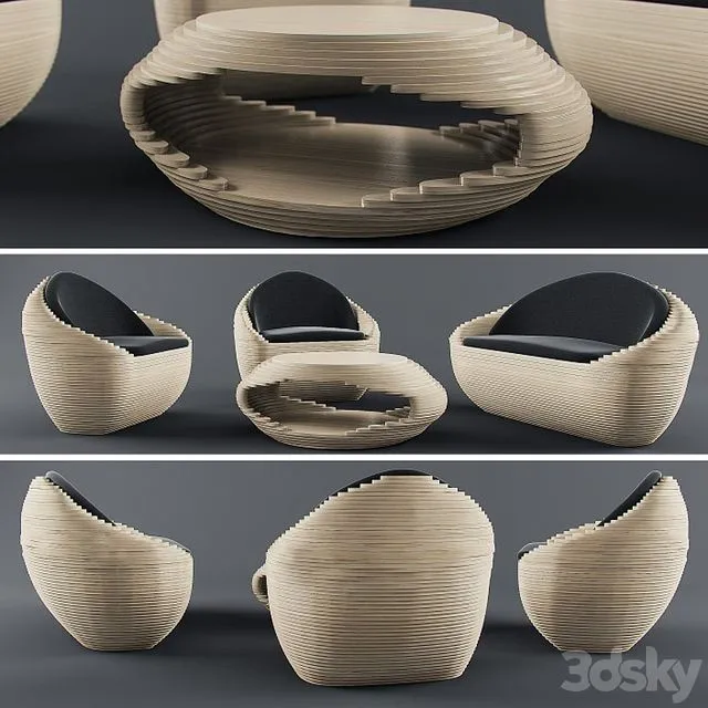 Set of furniture table chair wood fabric coffee armchair 3D Model