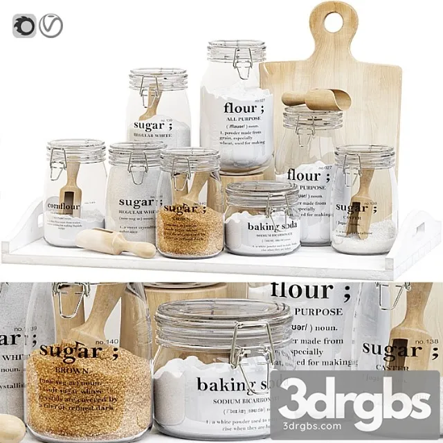 Set Of Glass Jars For The Kitchen With Sugar and Flour 3D Model Free
