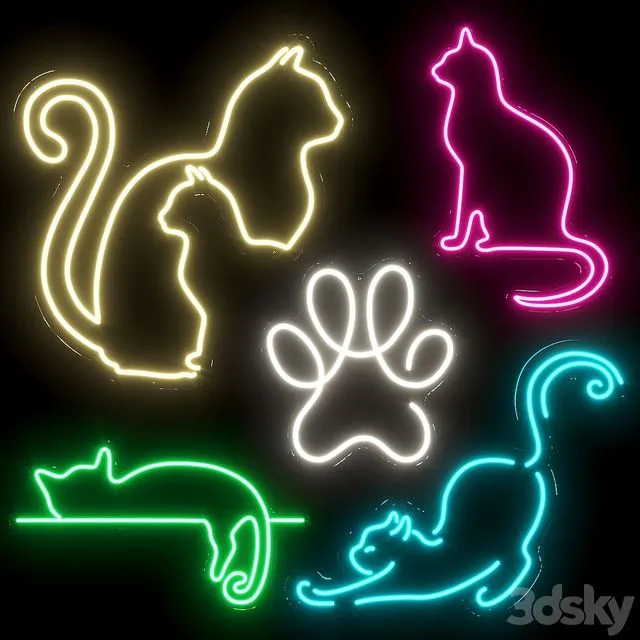 Set of neon lights Cats 01 3D Model