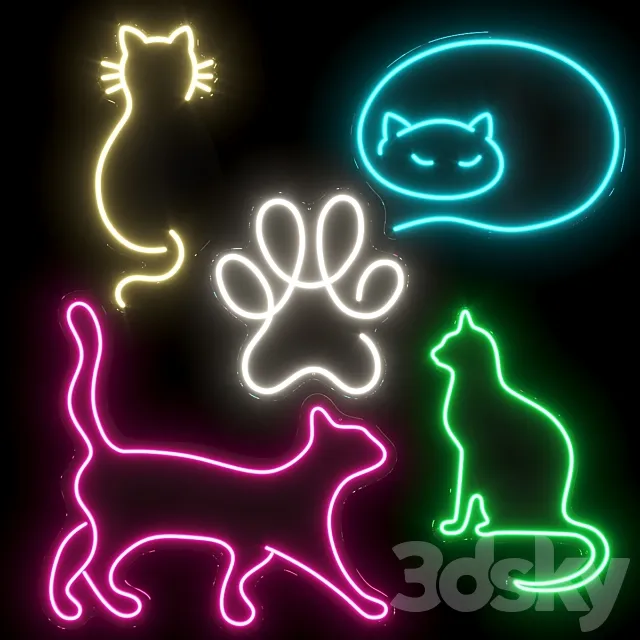 Set of neon lights Cats 02 3D Model