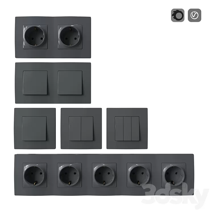 Set of sockets and switches gray 3D Model