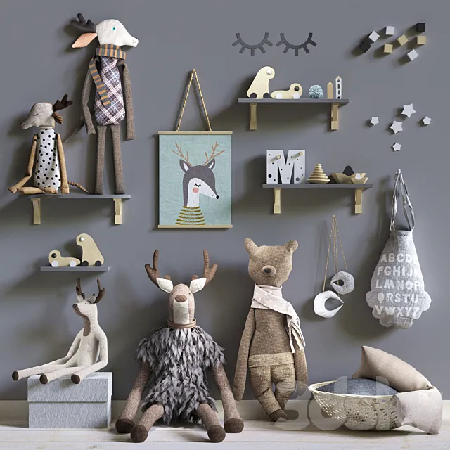 set of soft toys in scandinavian style 3D Model