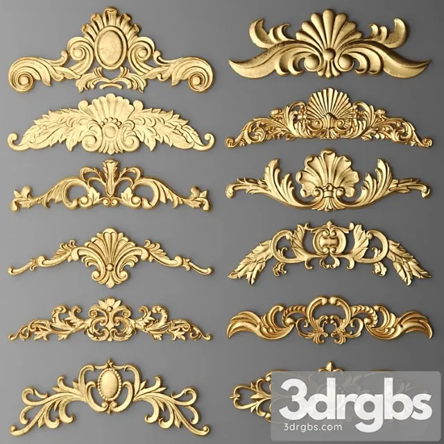 Set of Stucco Decor Stucco Luxury Gold Decor Carving Modeling Stucco Crown Cartouche Set Classic 3D Model Free