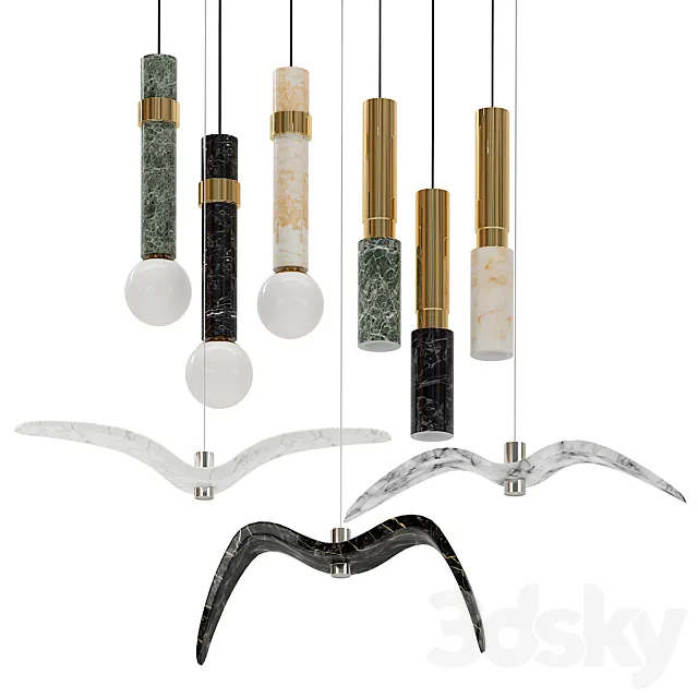 Set of suspended marble lamps 3D Model