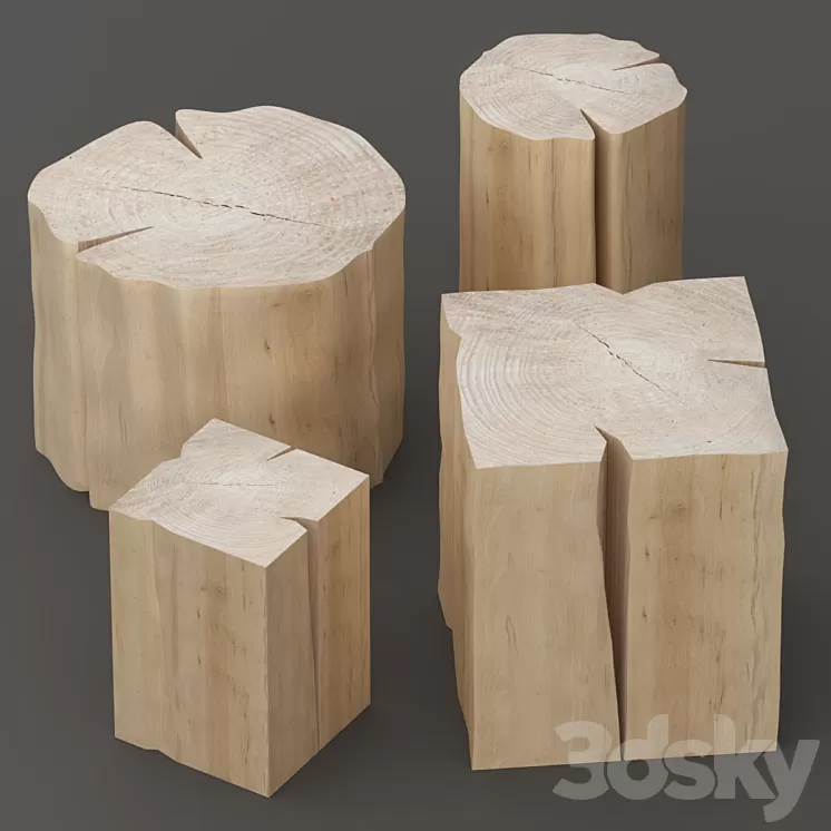 Set of tables from stumps. 3D Model