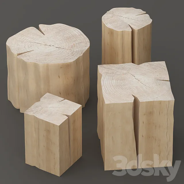 Set of tables from stumps. 3DModel