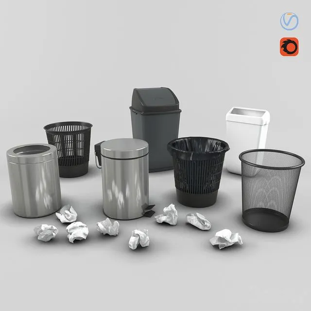 Set of trash cans and crumpled paper 3D Model