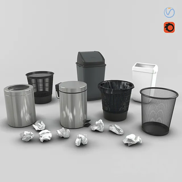 Set of trash cans and crumpled paper Free Download