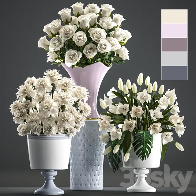 Set of white flowers 58. White bouquets pot flowerpot white tulips white roses carnation vase 3D Model