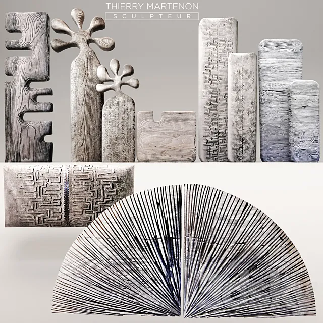 Set Sculpture Thierry Martenon figurine carving abstraction modern art art round wall 3D Model