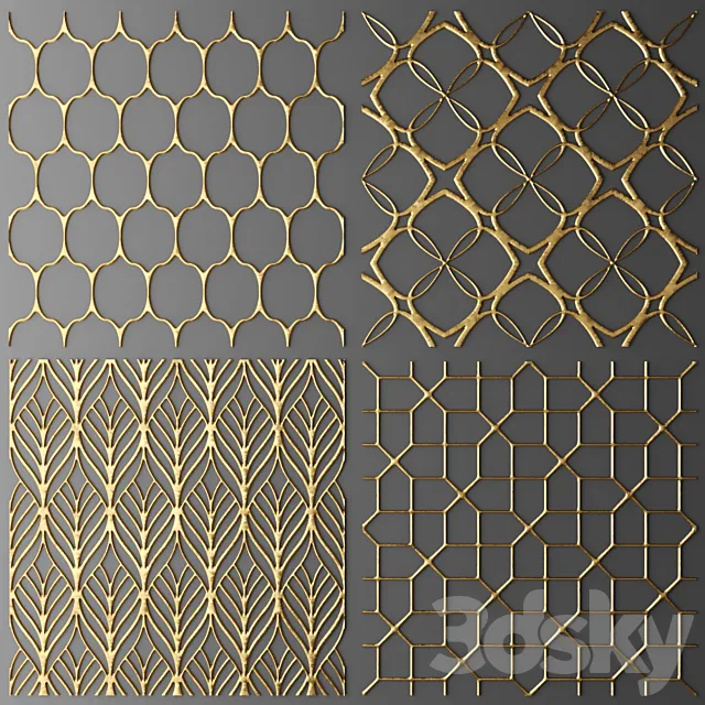 Set. The panel grille. Panel grille. Lattice panel pattern art abstraction decorative interior wall decor gold luxury 3D Model