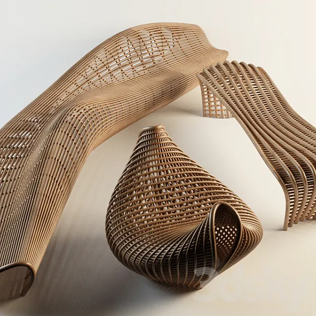 Set Wicker benches 3D Model