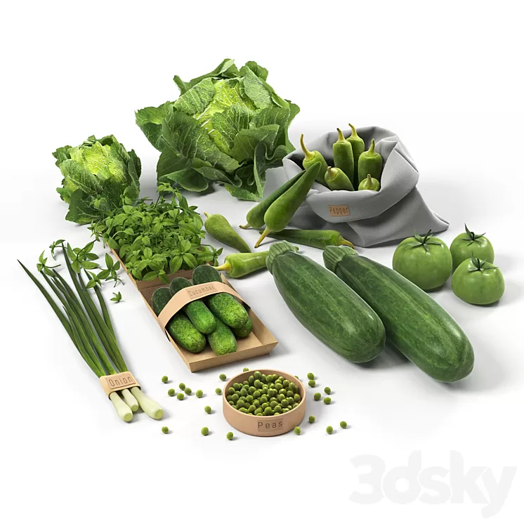 Set with green vegetables: cabbage cucumbers peppers zucchini onions tomatoes peas 3D Model Free