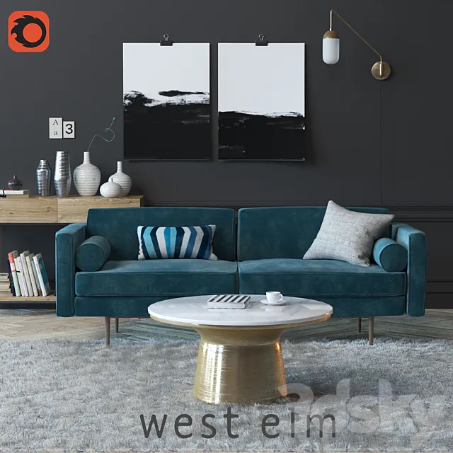 Set with sofa Monroe Mid-Century Sofa and decor 3D Model