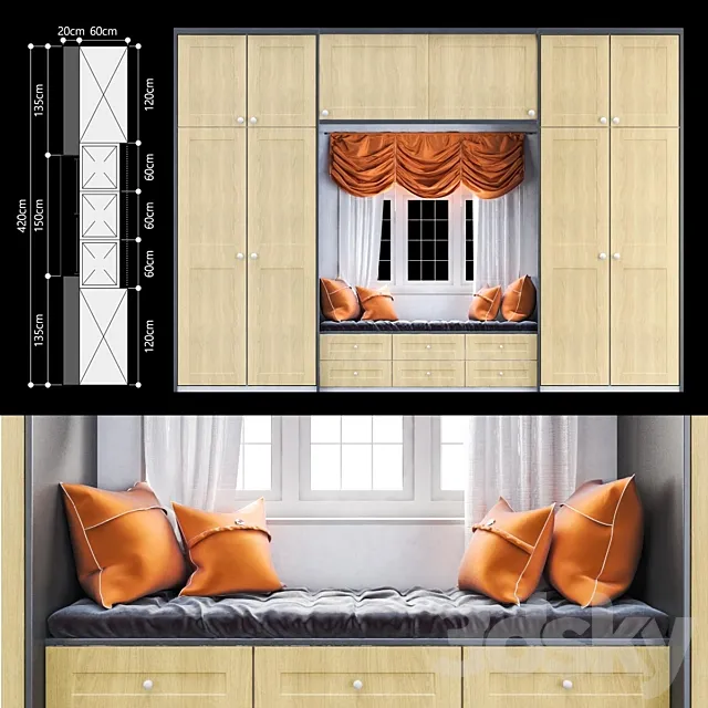 Shaker-beaded style wardrobe 3D Model