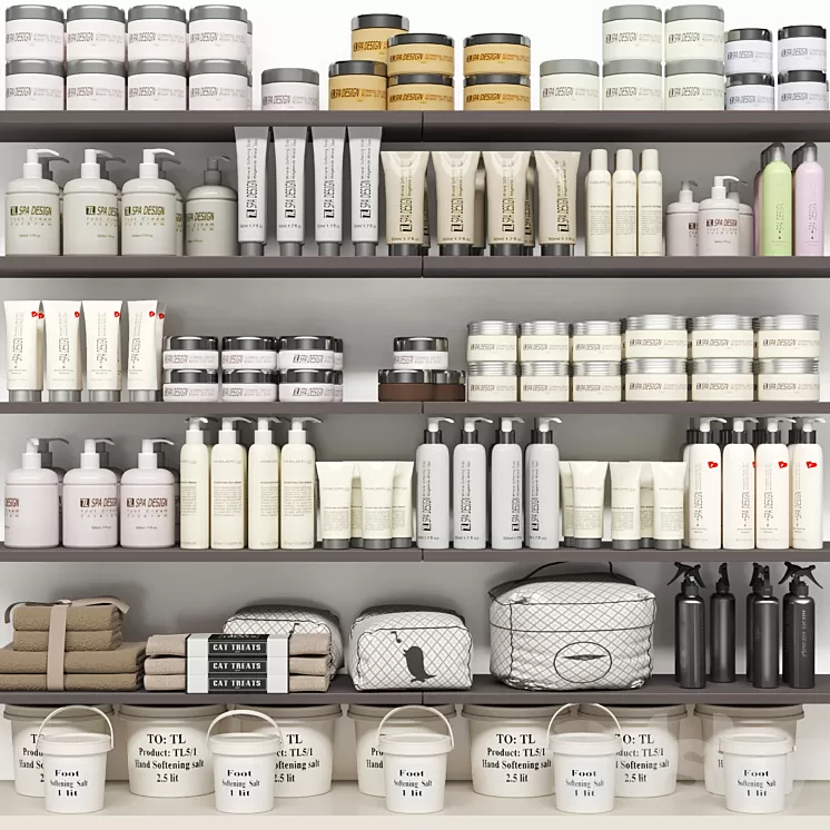Shelf with a collection of cosmetics. Beauty saloon and bathroom accessories 3D Model