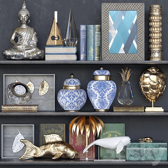 Shelf with a collection of decor. books and accessories to create coziness 3DModel