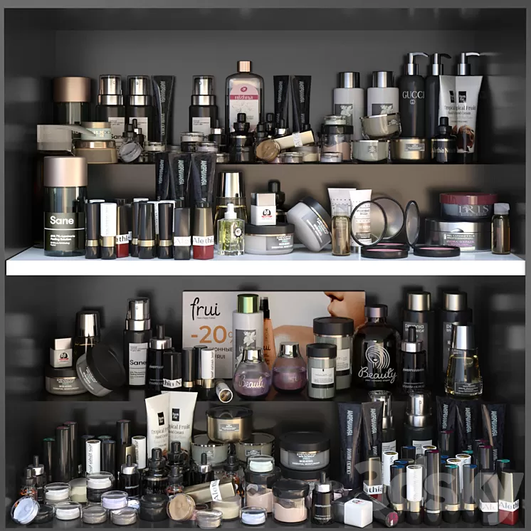 Shelf with a set of cosmetics for beauty salons shops or dutifree. Make up