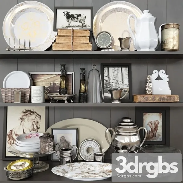 Shelf with antique decor books and crockery 3D Model Free
