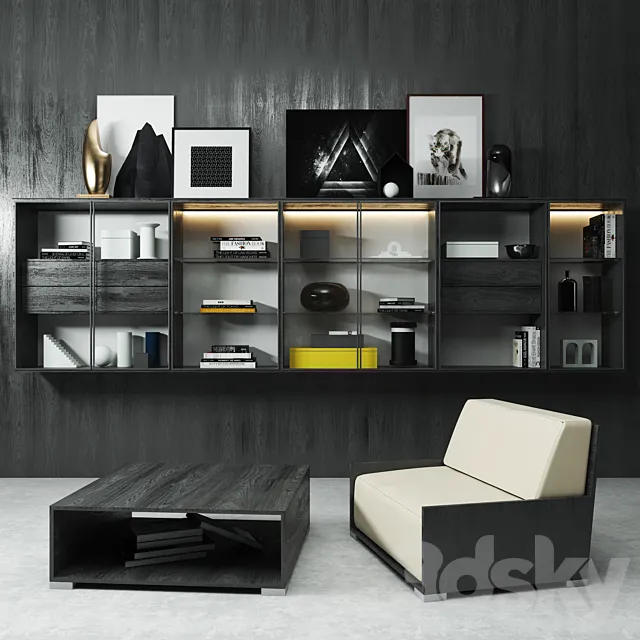 Shelf with books. decor and an armchair 3DModel
