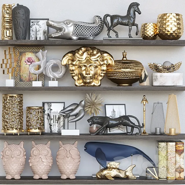 Shelf with collectible decor and figurines. Decor Free Download