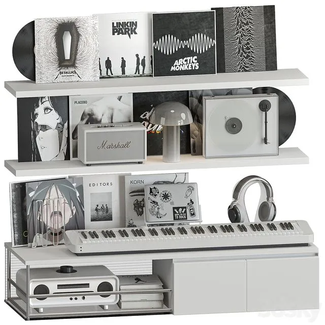 Shelf with Vinyl Records and Music equipment 3D Model