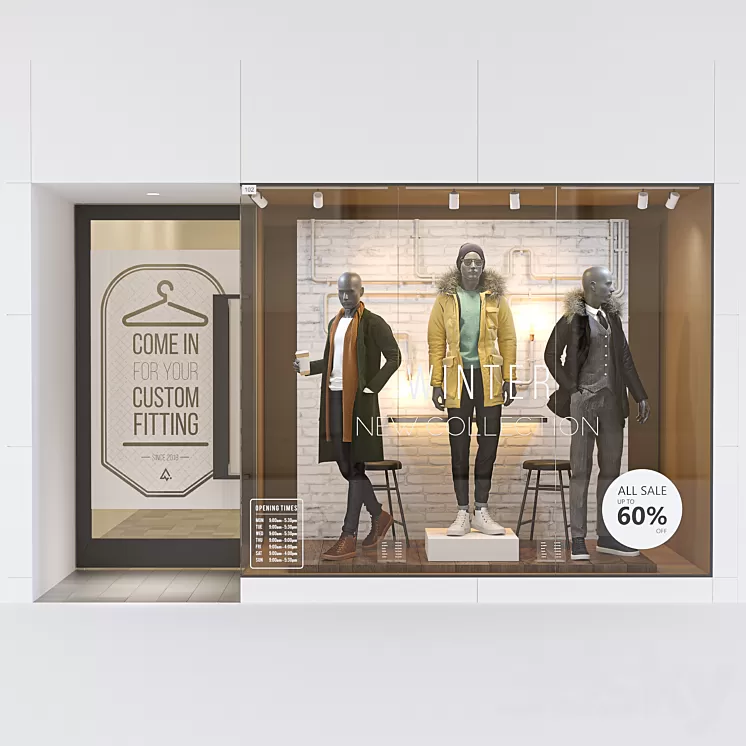 Shop front with male mannequin 3D Model