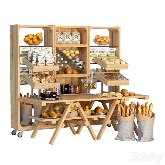 Showcase at the market with products pastries and dry breakfasts 3D Model
