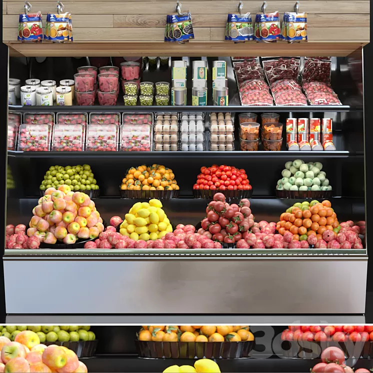 Showcase in a supermarket with fruits and vegetables. Fruits and vegetables 3D Model