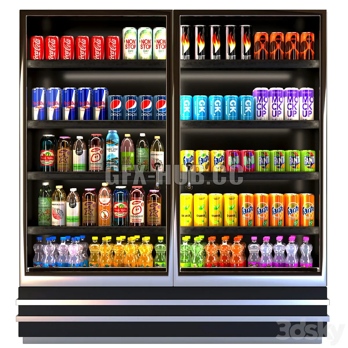 Showcase in a supermarket with lemonades juices and energy drinks 8 3D Model