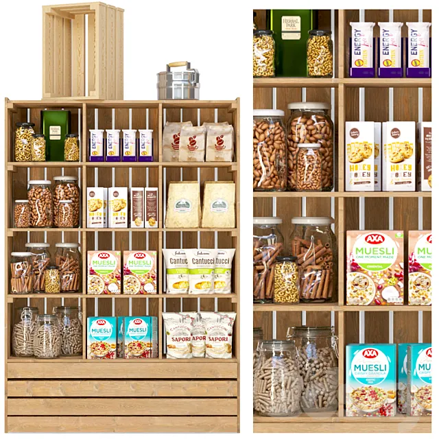 Showcase in a supermarket with nuts cereals and dry breakfasts 3D Model