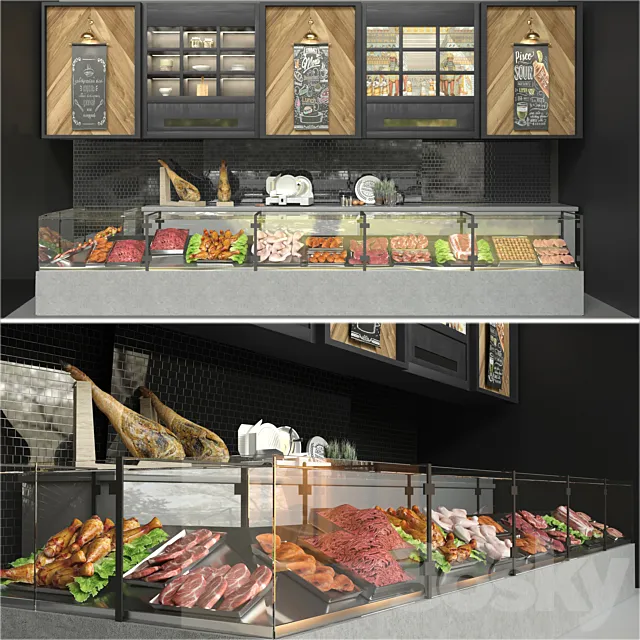 Showcase in a supermarket with semi-finished products and meat. Food 3D Model