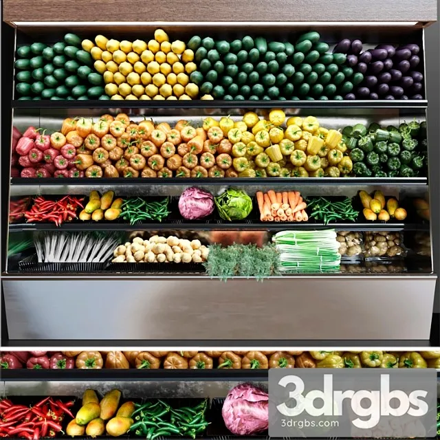 Showcase In Supermarket With Fresh Fruits And Vegetables Food 3D Model Free