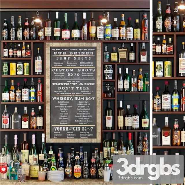 Showcase in the bar with a collection of strong alcohol and cocktails. alcohol 3D Model Free