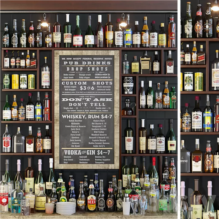 Showcase in the bar with a collection of strong alcohol and cocktails. Alcohol