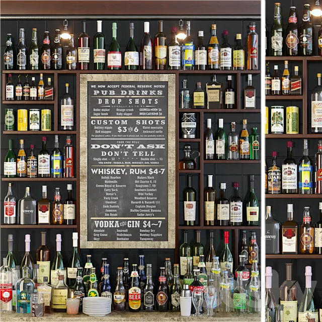 Showcase in the bar with a collection of strong alcohol and cocktails. Alcohol 3DModel