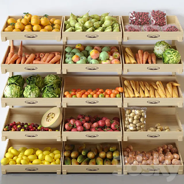 Showcase with fruits and vegetables at the market in boxes. Citrus fruits apples 3D Model