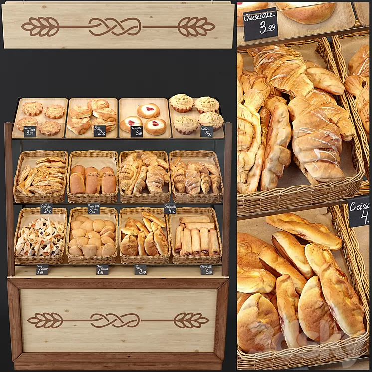 Showcase with pastries for shop and cafe. Bread 3D Model