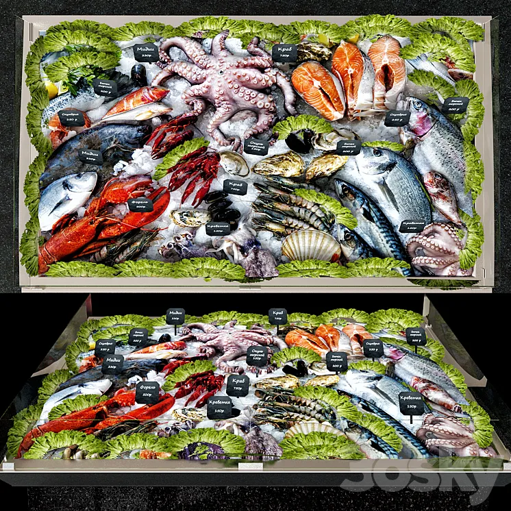 Showcase with seafood 2 3D Model Free