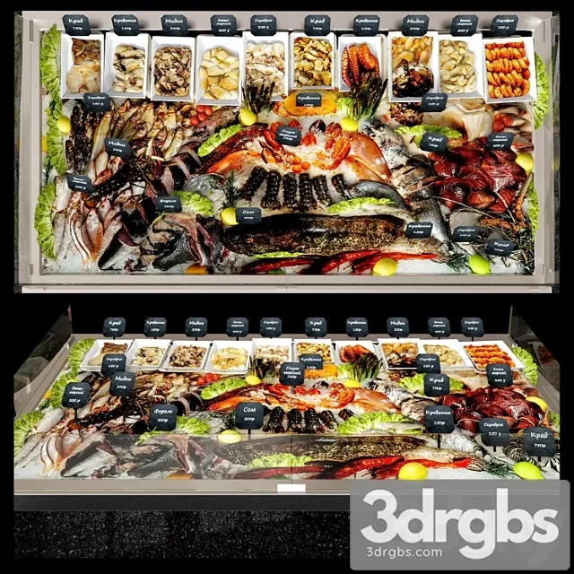 Showcase with seafood 3D Model Free