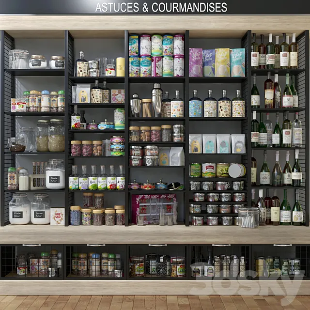 Showcase with spices alcohol and groceries in the supermarket. Food 3D Model