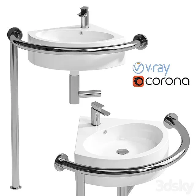 Sink DS IF35 corner 450x400x120 mm with handrail (right) and DS3 mixer Equipment for the disabled 3D Model