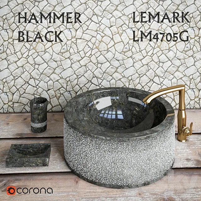 Sink Hammer Black Teak House + Mixer Lemark LM4705G 3DModel