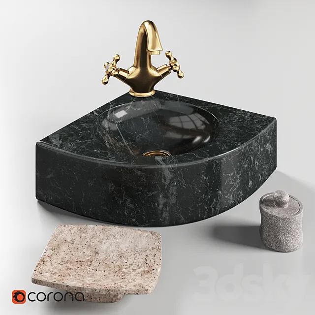 Sink made of natural stone Quarter Black Teak House and mixer Lemark LM2806B 3DModel