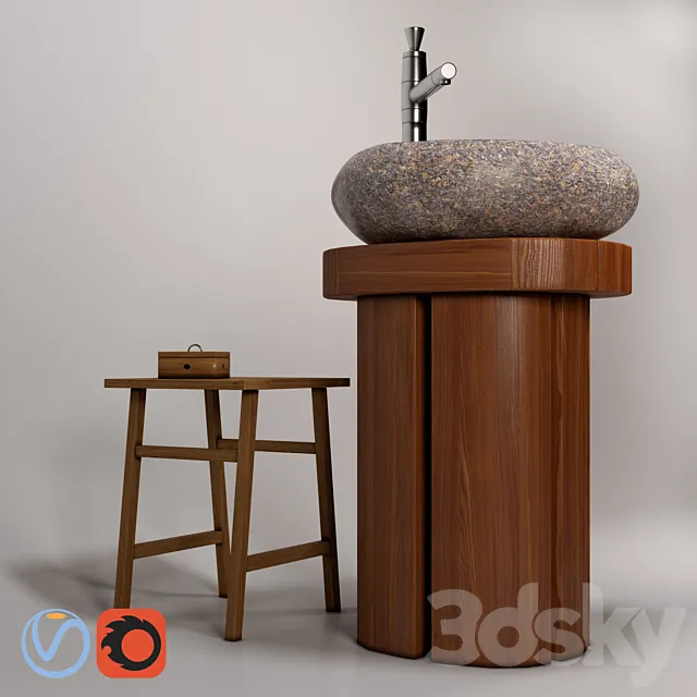Sink Teak House "River Stone" outdoor basin mixer Bandini Pyramide 3D Model