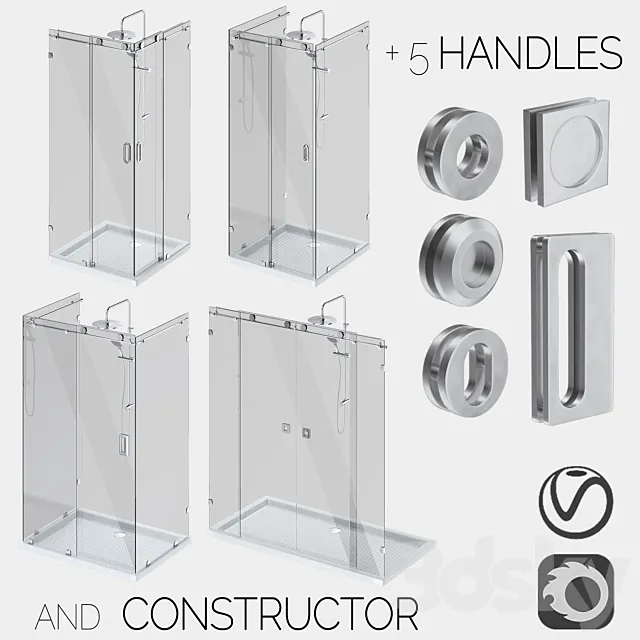 Sliding glass shower cabins designer and handle set 3D Model