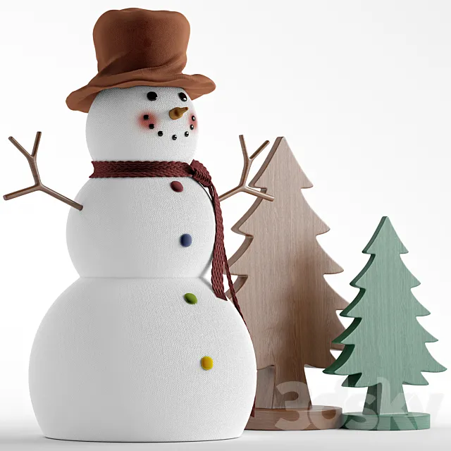 Snowman and wooden christmas tree 3D Model