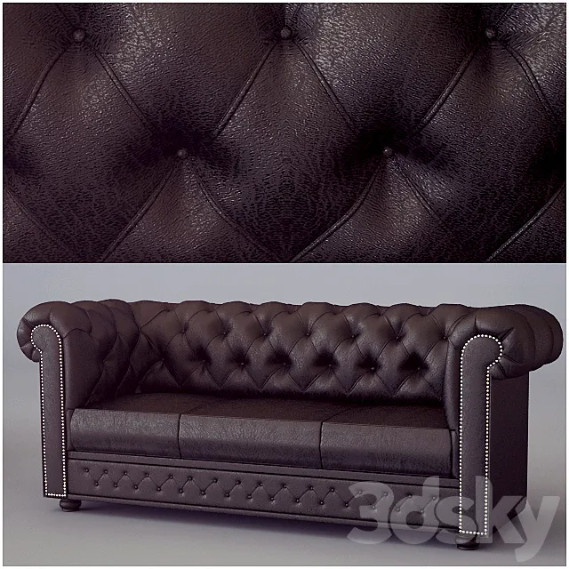 Sofa 3-seater Chesterfield Classic 3 Seat Sofa Antique Brown 3D Model