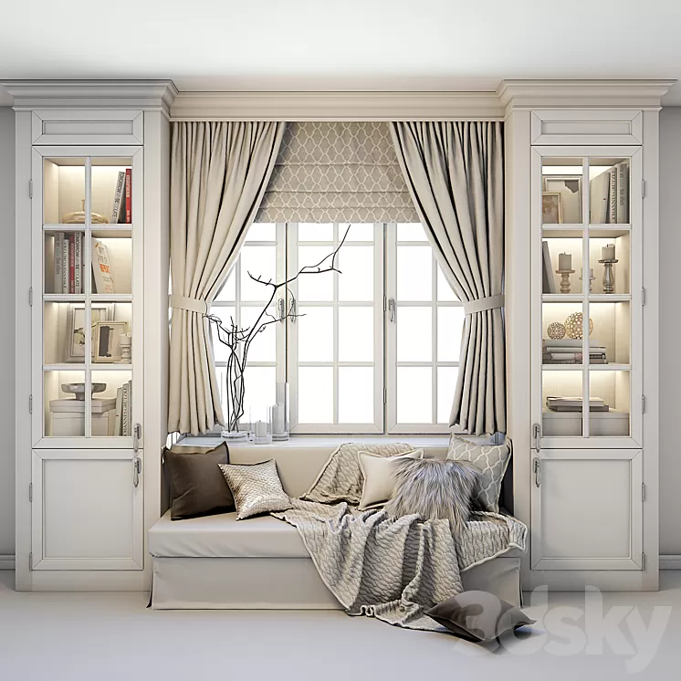 Soft area at the window - a sofa with pillows blankets curtains cabinets and decor. 3D Model