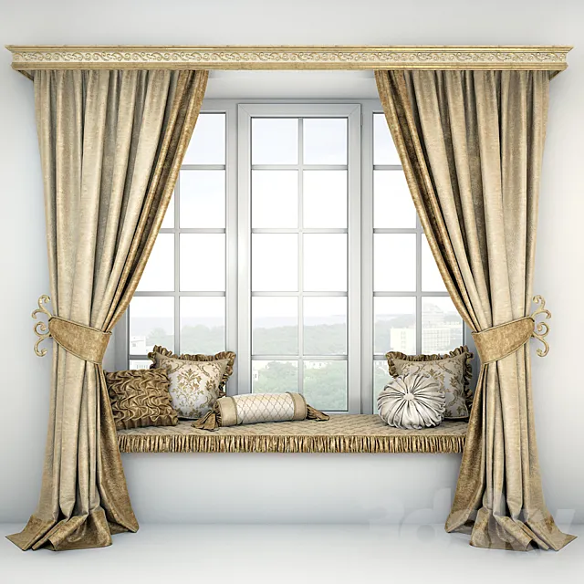 Soft quilted sill with cushions and curtains Free Download